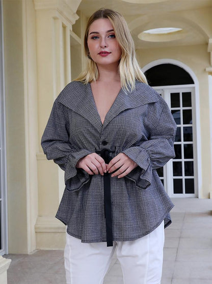 Plaid V-neck Drawstring Waist Blouse