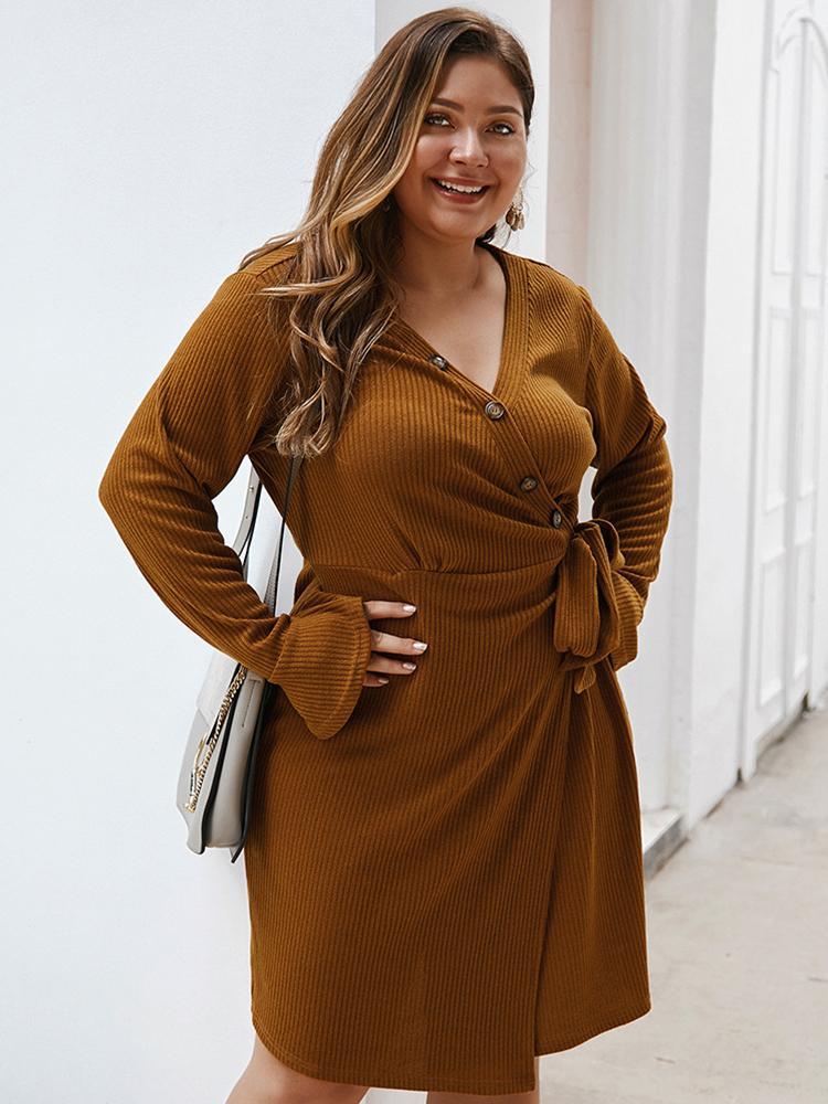 Sexy Buttton V-neck Knot Dress