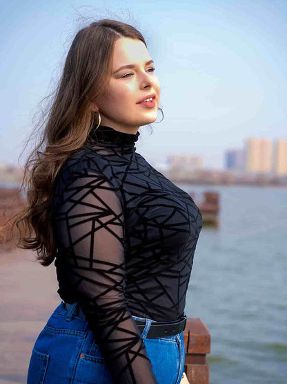 Mock-neck Geo Mesh Top