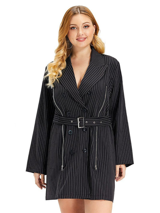 Stripe Zipper Detail Belt Trench Coat
