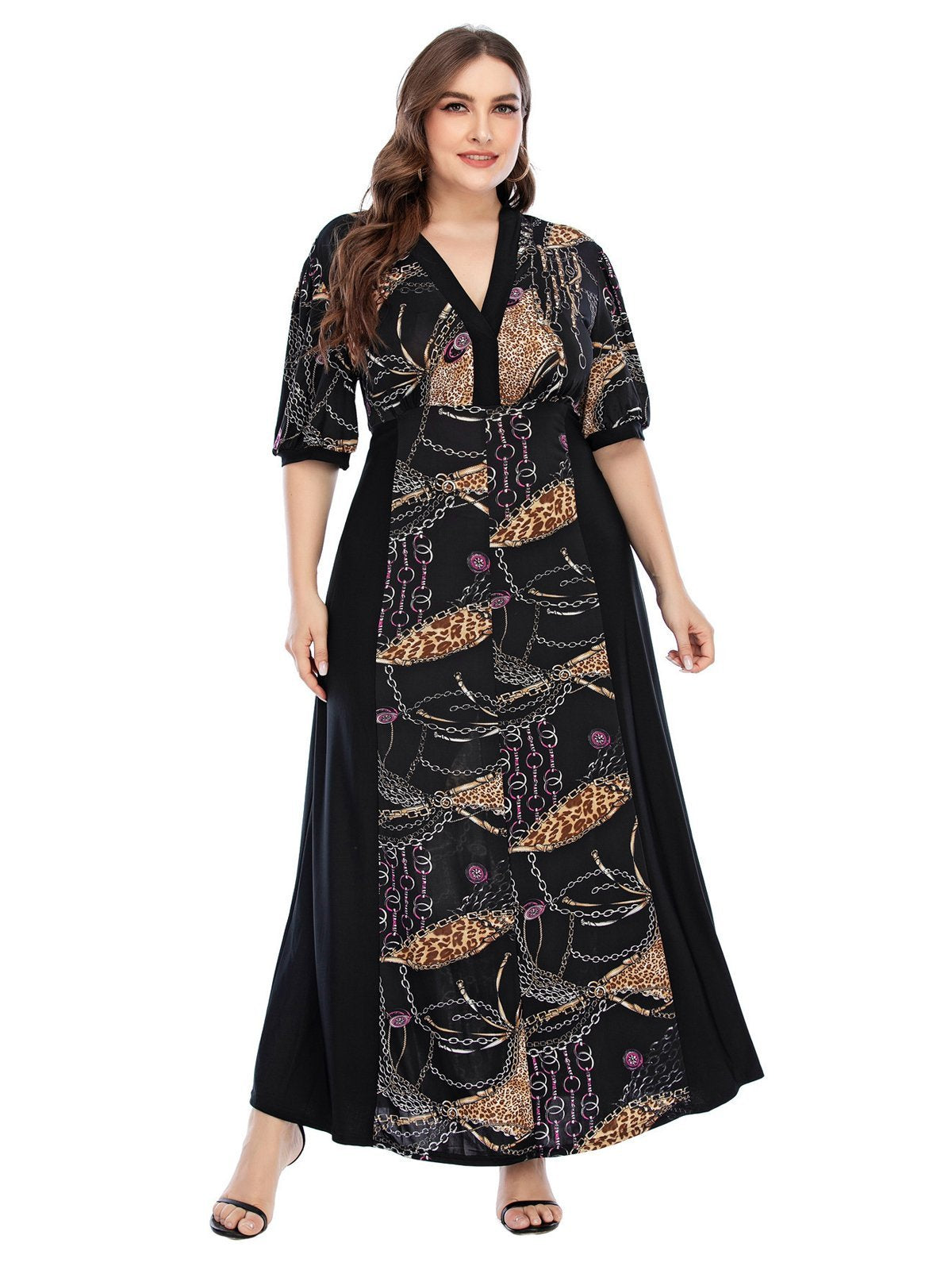 Printed Pacthwork Half-sleeve Maxi Dress