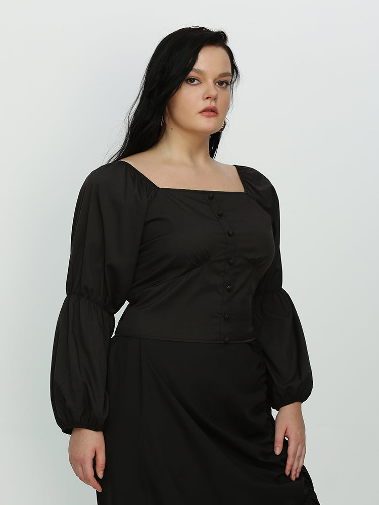 Irregular Ruffle Hem Lantern Sleeve Blouse