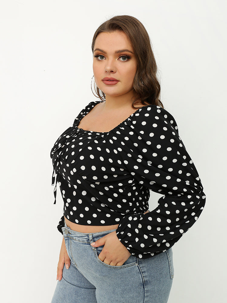 Puff Sleeve Polka Dot Crop Blouse