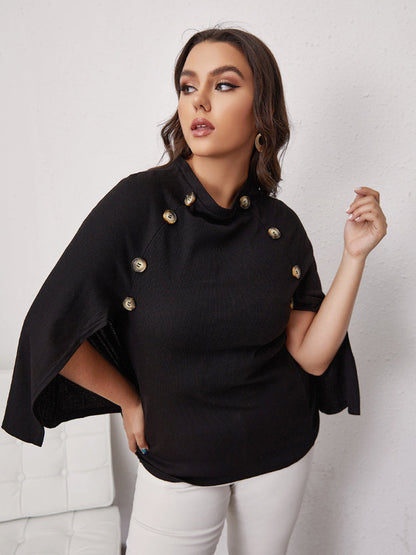 Button Bat Sleeve Round Neck Blouse