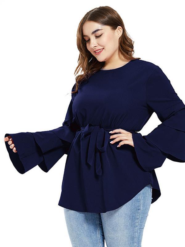 Ruffle Sleeve Belt Solid Blouse