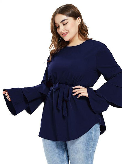Ruffle Sleeve Belt Solid Blouse