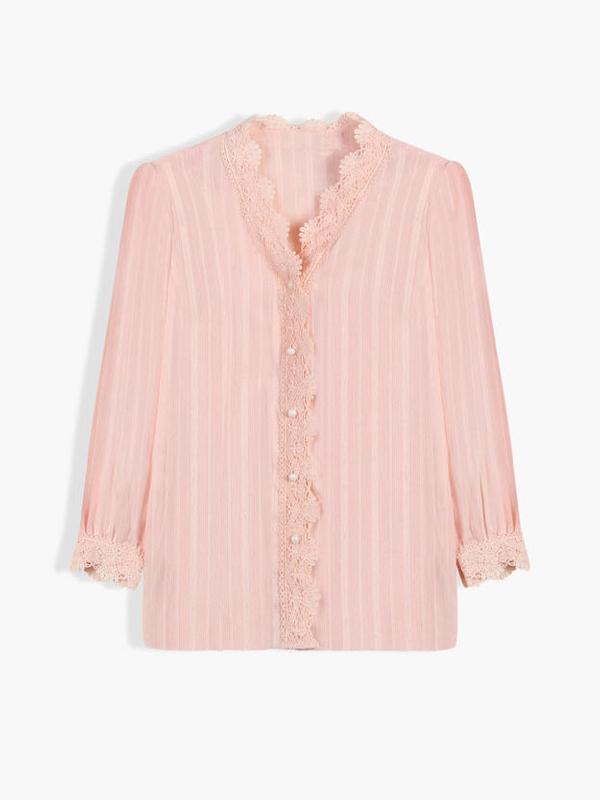 Lace Placket V-neck Blouse