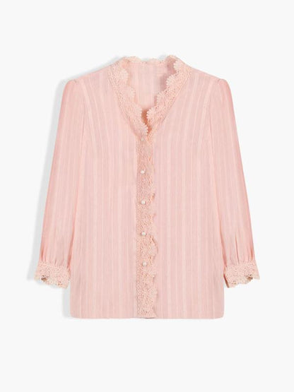Lace Placket V-neck Blouse