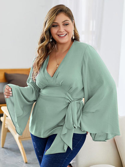 Flared Sleeves Belt V-neck Blouse