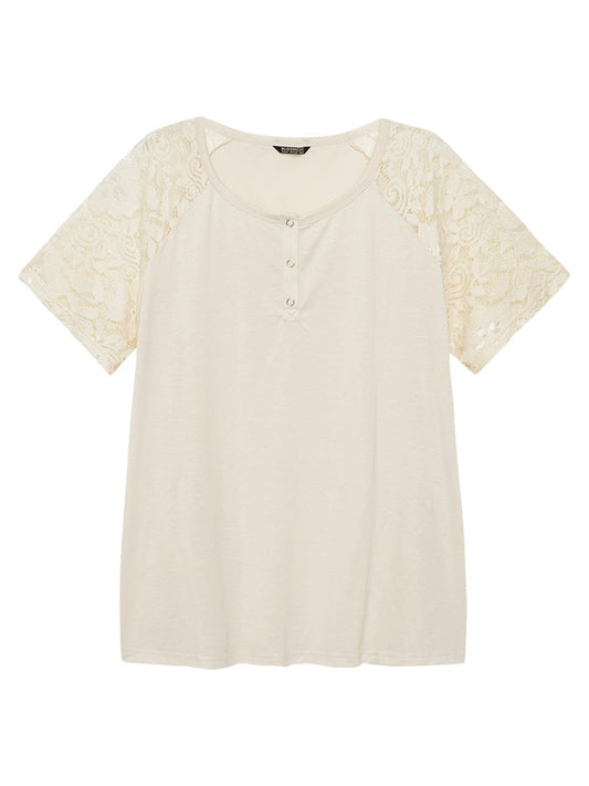 Solid Raglan Sleeve Contrast Lace  T-shirt