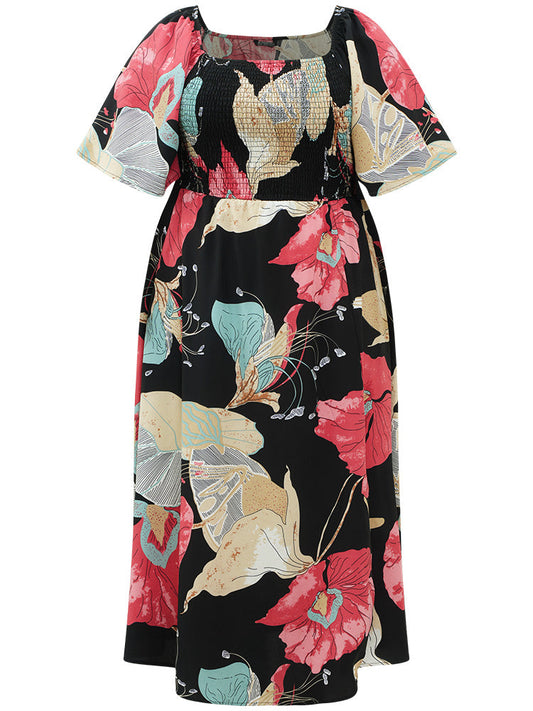 Floral Print Shirred Square Neck Flutter Hem Dress