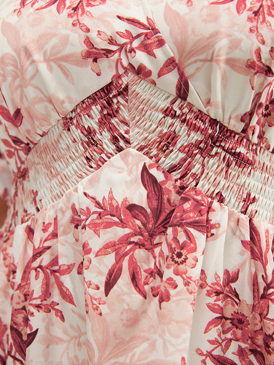 Floral Wrap Pocket Shirred Ruffle Hem Dress