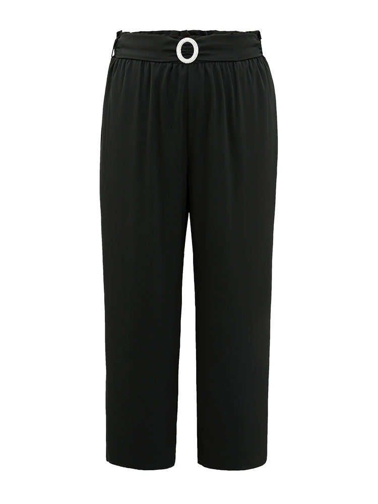 Static-Free Solid Glitter Buckle Detail Belted Pants