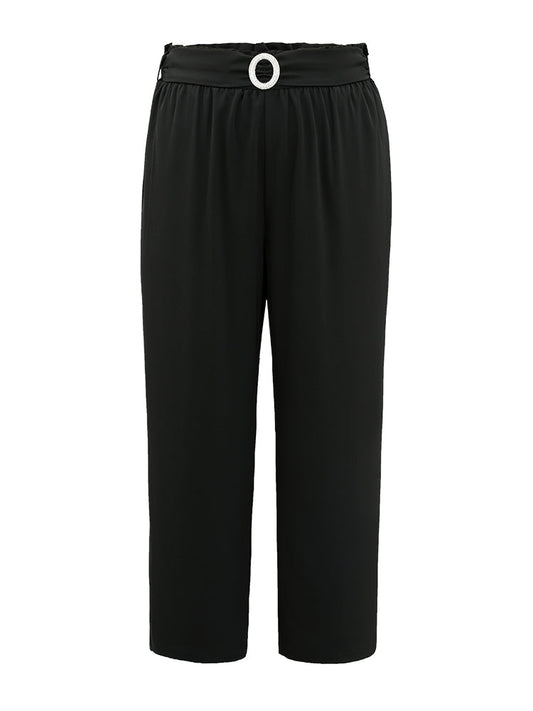 Static-Free Solid Glitter Buckle Detail Belted Pants