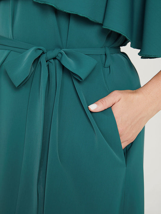 Plain Keyhole Pocket Belted Ruffles Dress