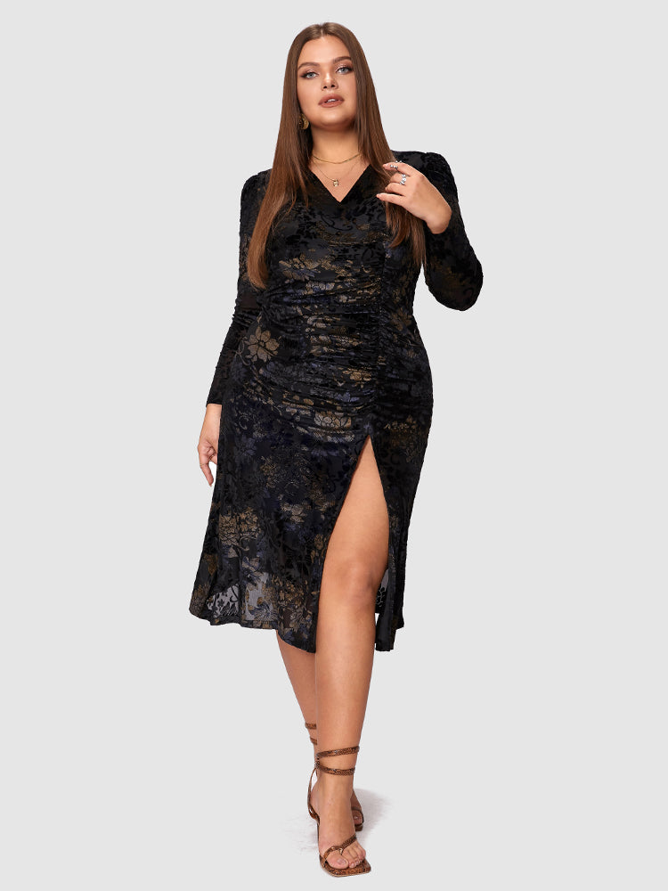 Ruched Foral Print Split Dress