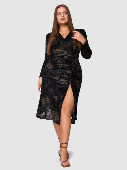 Ruched Foral Print Split Dress