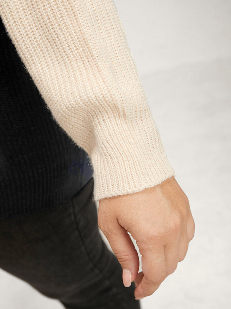 Colorblock Contrast Pointelle Knit Round Neck Knit Top