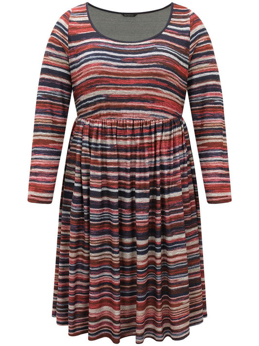 Colour Striped Heather Elastic Waist Scoop Neck Dress