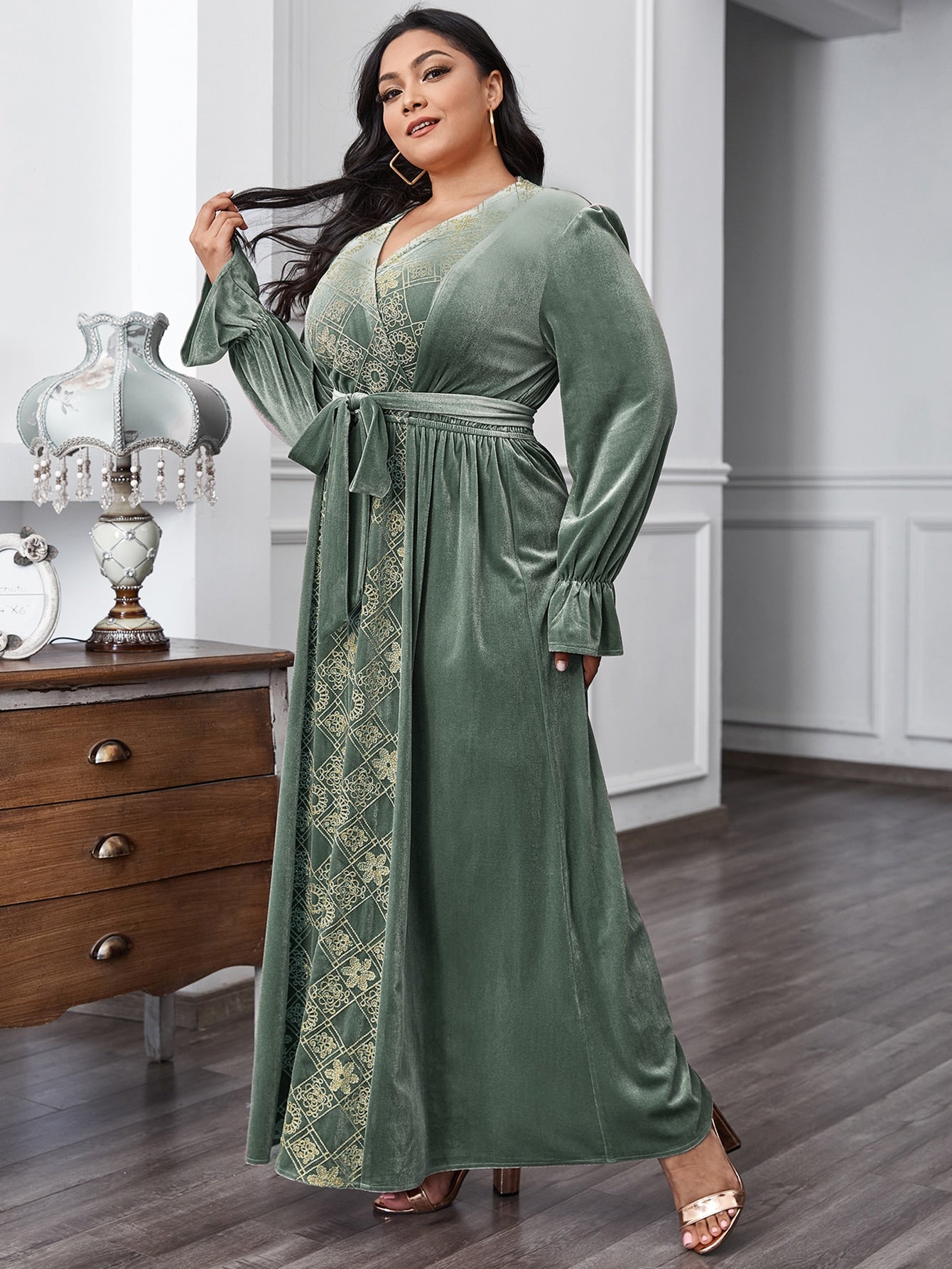 Floral & Argyle Embroidered Belt Velvet A-line Dress