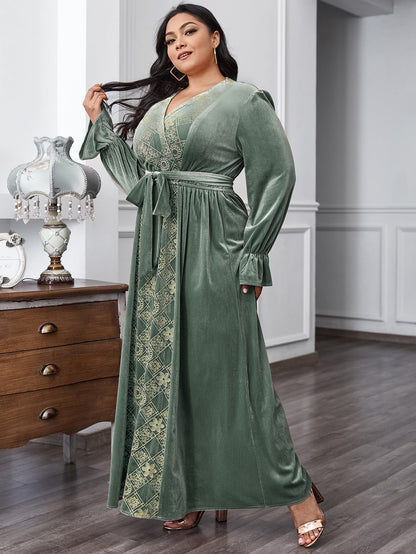 Floral & Argyle Embroidered Belt Velvet A-line Dress