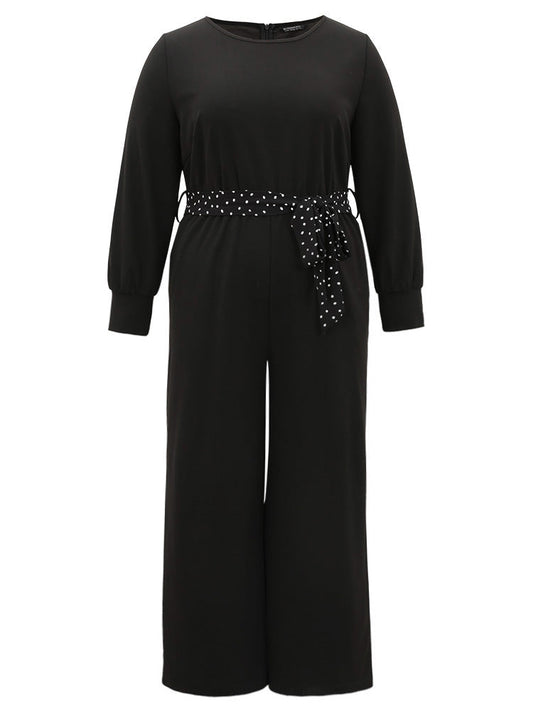 Polka Dot Belted Pocket Elastic Waist Jumpsuit