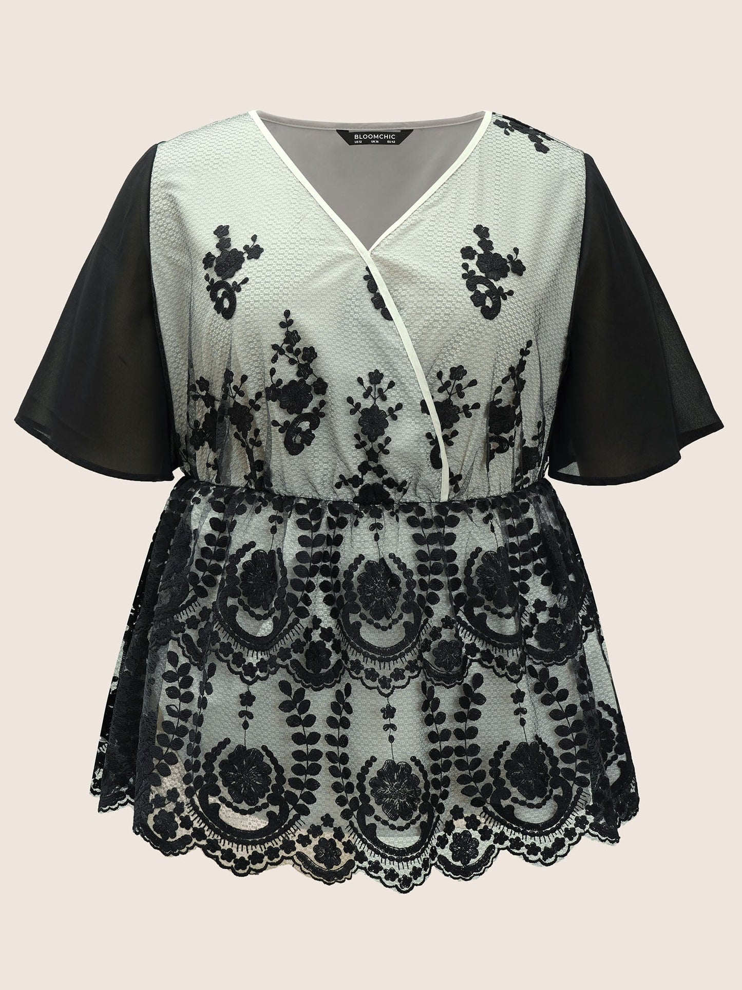 Boho Print Lace Panel Mesh Wrap Blouse