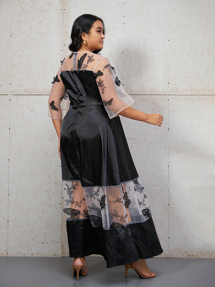 Butterfly Embroidery Contrast Mesh Dress