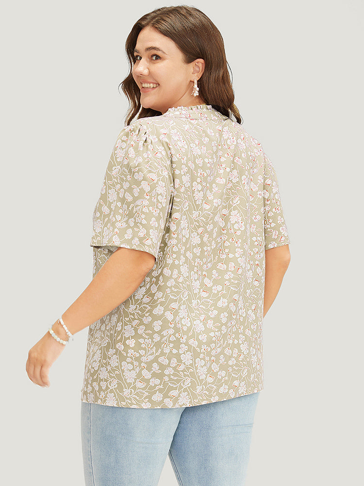 Ditsy Floral Button Up Frill Trim Notched Blouse