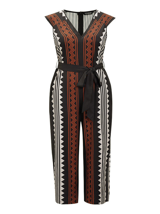 Bandana Geometric Pocket Cap Sleeve Zip Belted Jumpsuit