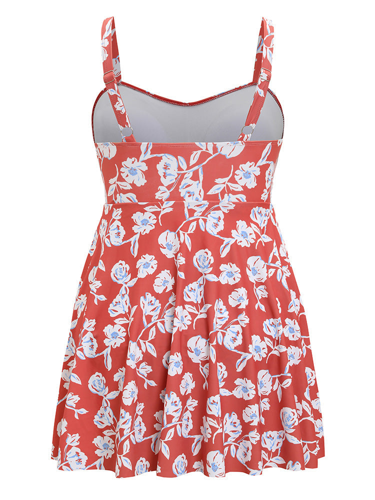 Floral Print A Line Crossover Front Ruffles Swim Dress