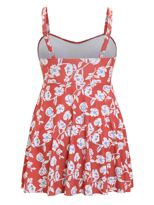 Floral Print A Line Crossover Front Ruffles Swim Dress
