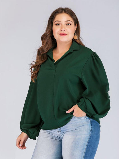 Embroidery Lantern Sleeve Lapel Shirt