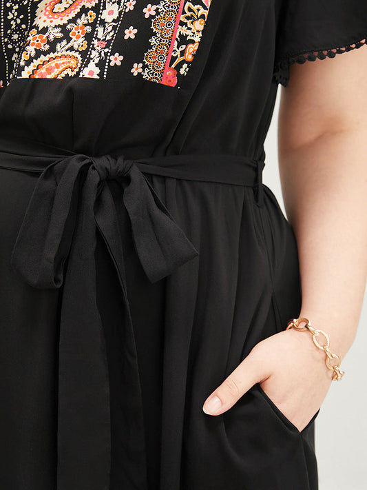 Bandana Print Pocket Belted Ruffle Hem Dress