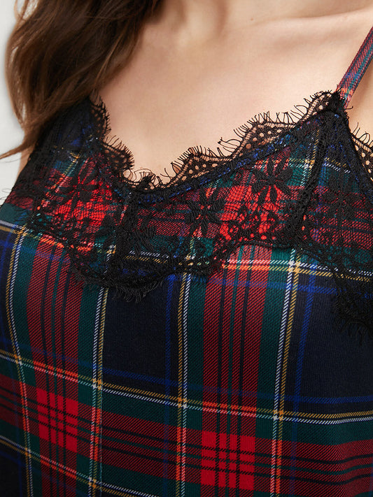 Plaid Pocket Contrast Lace Cami Jumpsuit