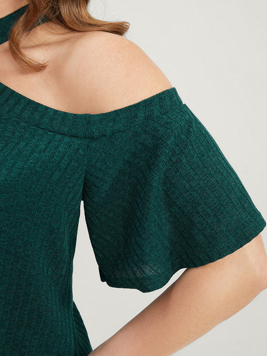 Plain Crossover Cut Out Halter Rib Knit Tee