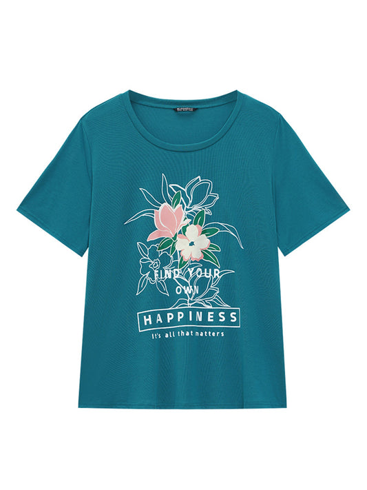 Drop Shoulder Crew Neck Floral & Letter T-shirt