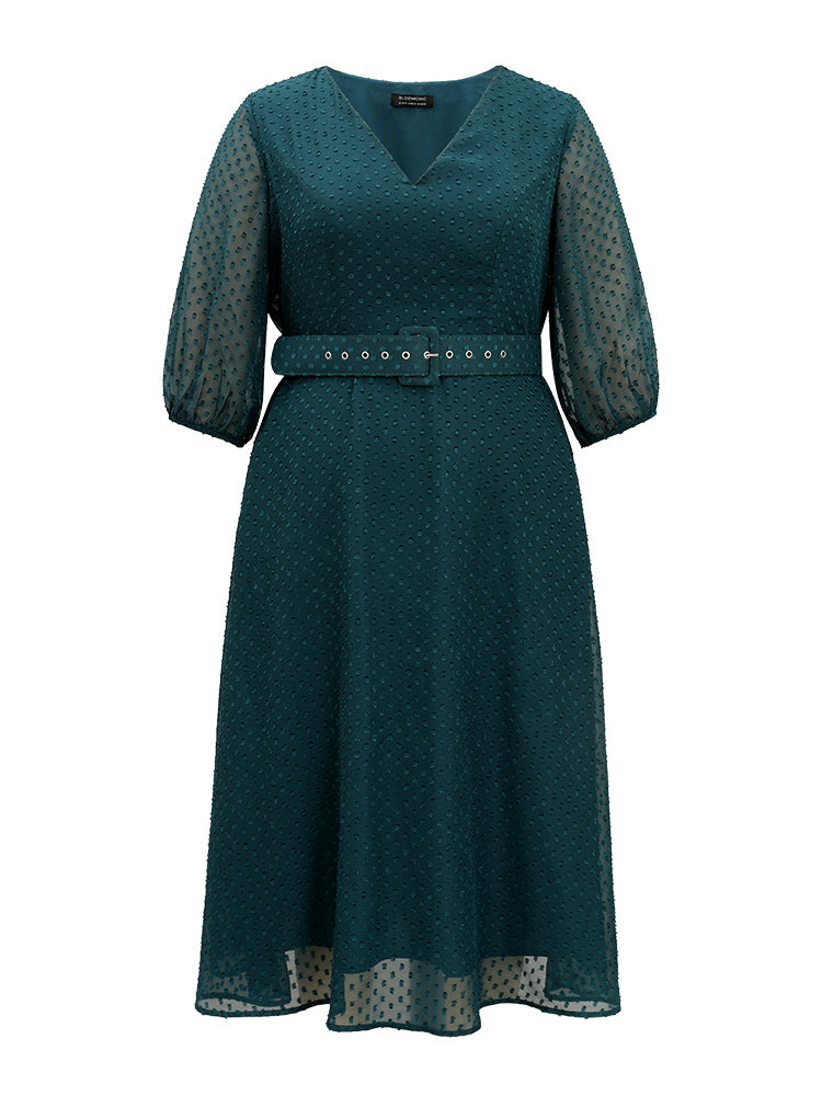 Solid Texture Pocket Belted Mesh Patchwork Dress