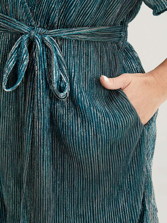 Glitter Wrap Mesh Ruffle Sleeve Belted Pocket Romper