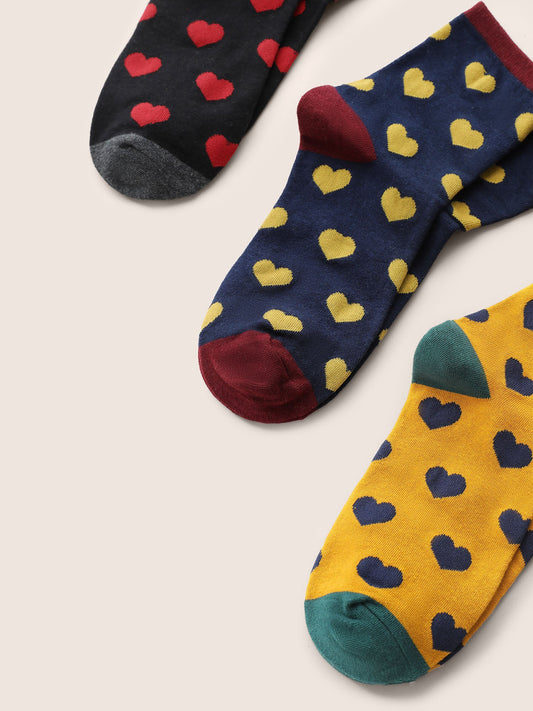 3 Pairs Contrast Heart Print Socks