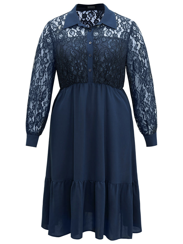 Contrast Lace Shirt Collar Ruffle Hem Dress
