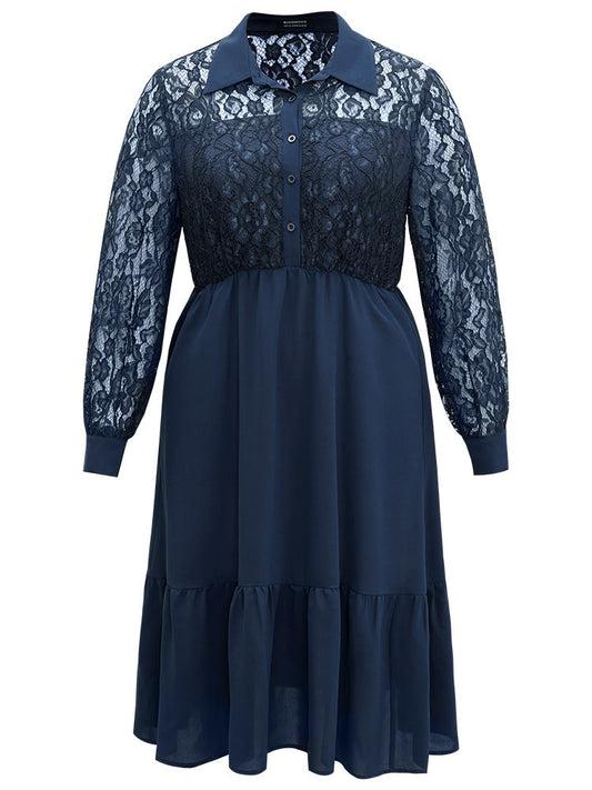 Contrast Lace Shirt Collar Ruffle Hem Dress