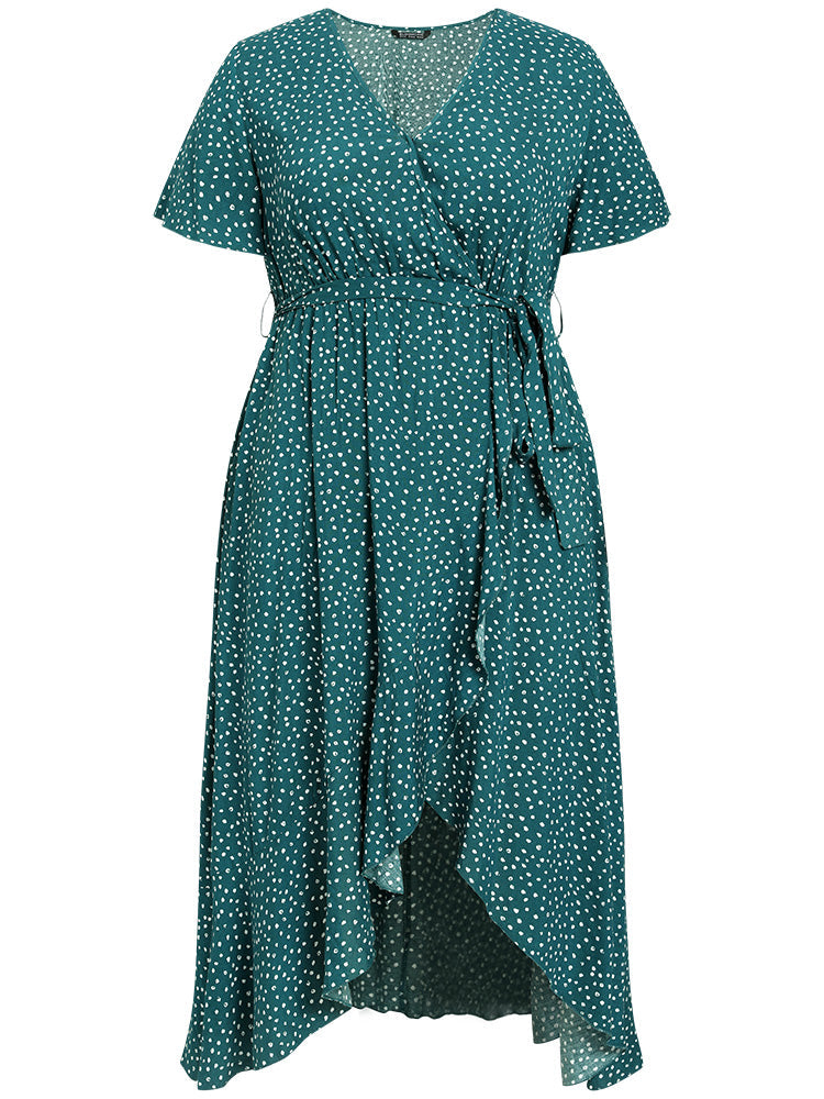 Polka Dot Wrap Hem Belted Dress
