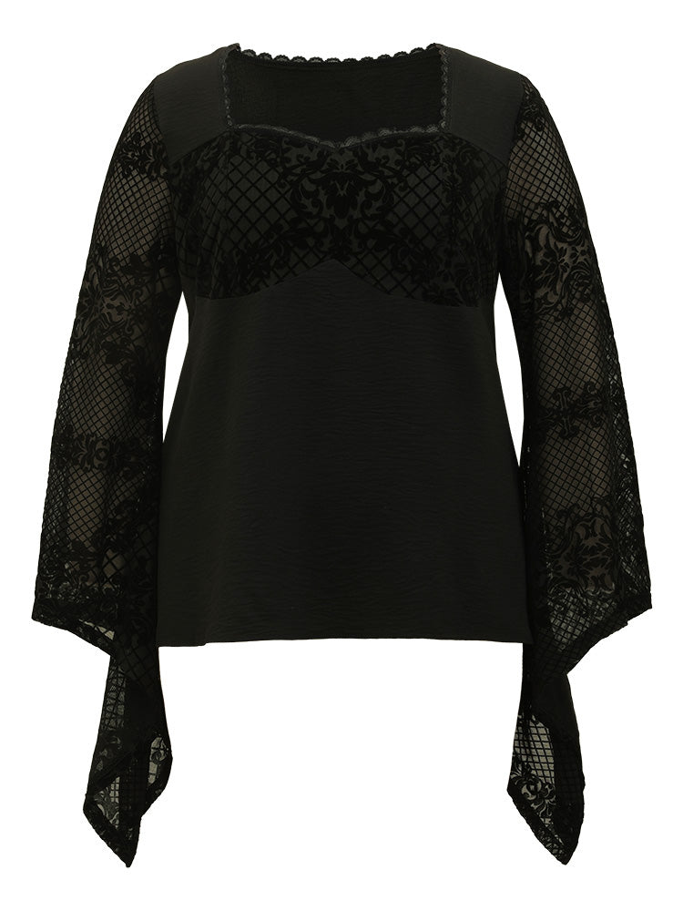 Halloween Floral Eyelet Lace Mesh Bell Sleeve Blouse