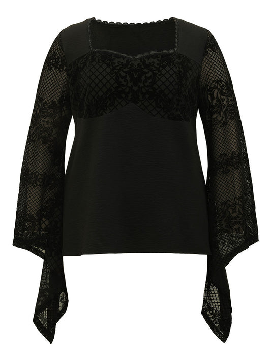 Halloween Floral Eyelet Lace Mesh Bell Sleeve Blouse