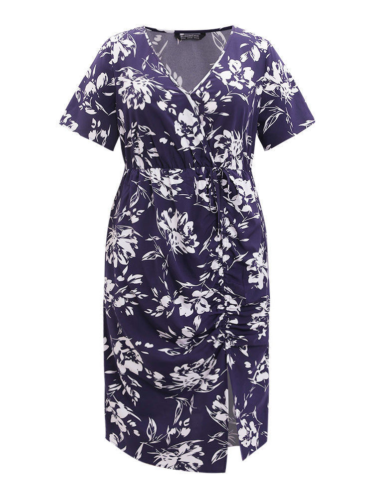 Silhouette Floral Print Wrap Drawstring Split Hem Dress