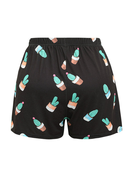 Cactus Print Elastic Waist Sleep Shorts