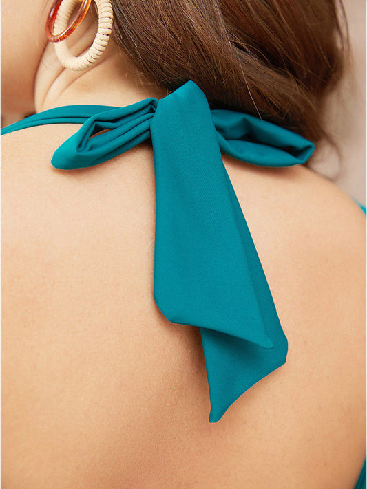 Ruched Cut Out Knotted Halter Neck Bikini Top