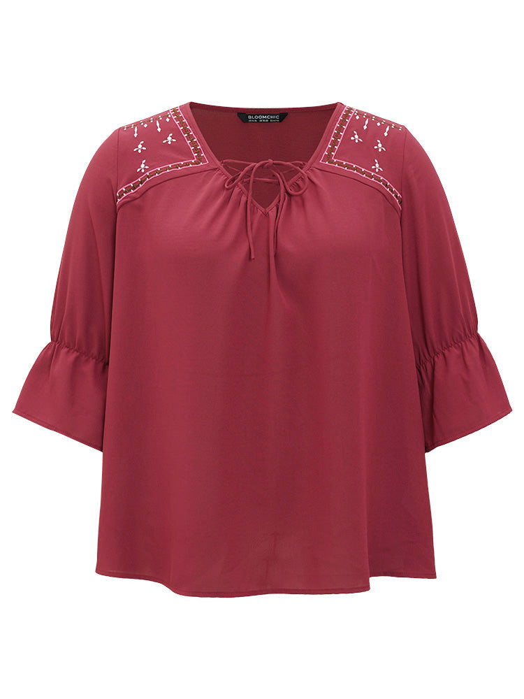 Plain Embroidered Lace Up Bell Sleeve Blouse