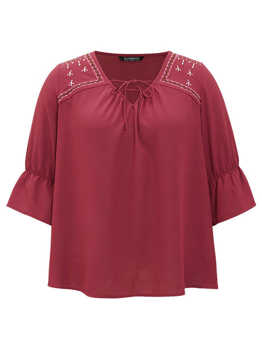 Plain Embroidered Lace Up Bell Sleeve Blouse